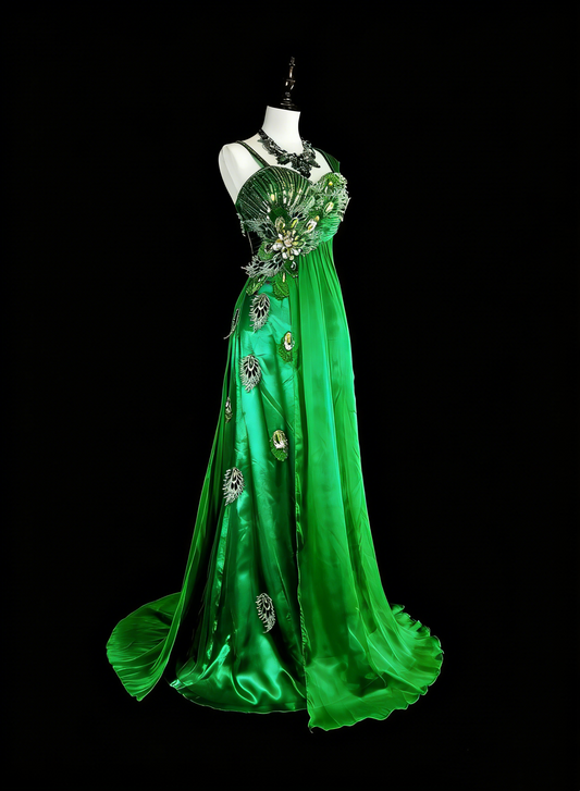 Vintage A Line Straps Green 70s With Pleated Beads Long Prom Gown Party Wear Dresses N1840