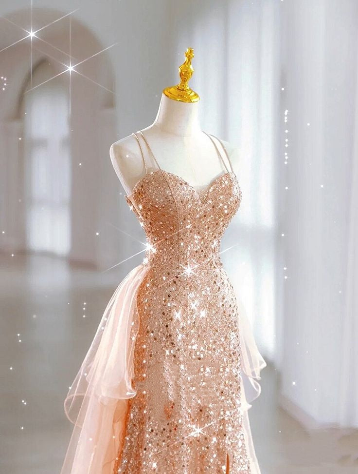 Luxury Evening Dresses Train Bride Beach Party Gold Sequins Douber Straps Prom Dresses Formal Gowns AB520