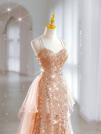 Luxury Evening Dresses Train Bride Beach Party Gold Sequins Douber Straps Prom Dresses Formal Gowns AB520