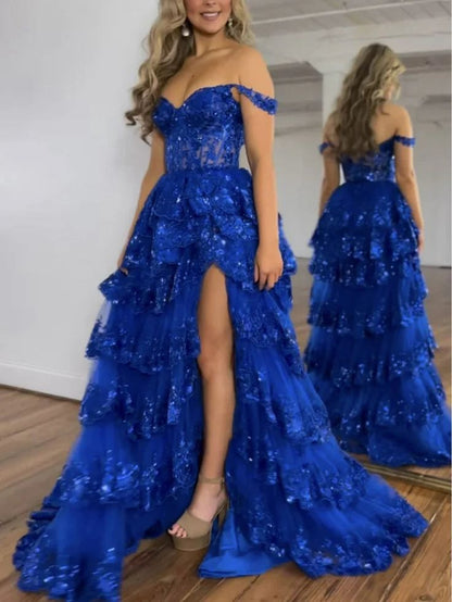 Off The Shoulder Layered Navy Blue Lace Long Prom Dress with Split Vestidos De Dia AB530
