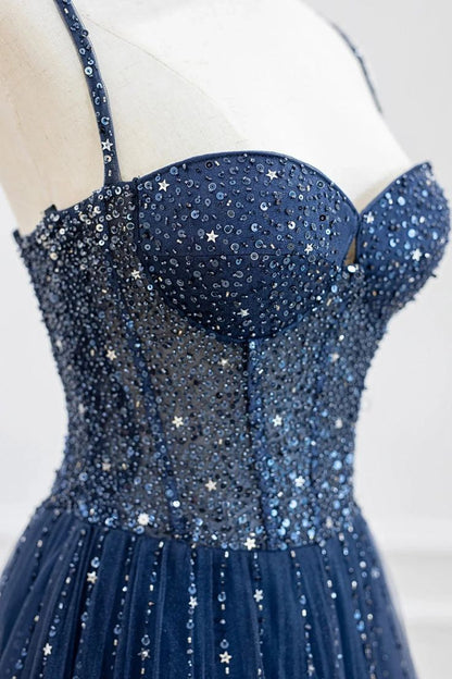 Stylish Navy Blue Spaghetti Straps Tulle Beading Prom Dress Evening Formal Dresses Vestidos De Dia AB516