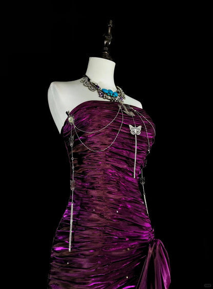 Vintage Prom Dresses Mermaid Strapless Purple Satin With Pleated 1990s Long Formal Gown N2711