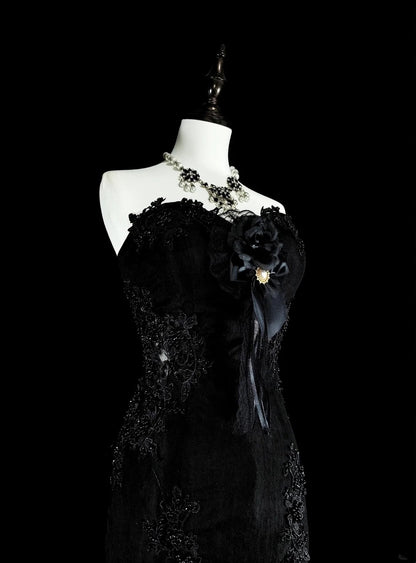 Vintage Prom Dresses Aesthetic Mermaid Sweetheart Black Tulle With Appliques Long Formal Dress N2157