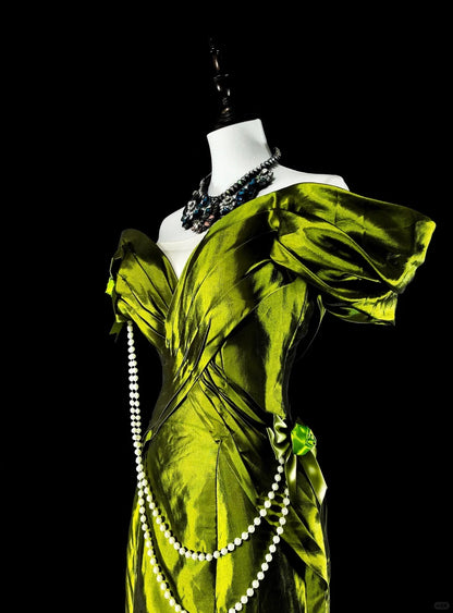 Dreamy Prom Dresses Vintage 90s Retro Off The Shoulder Olive Green Satin Long Formal Outfits N2366