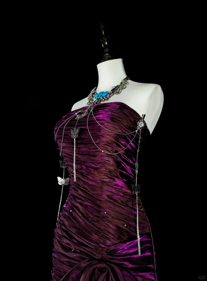 Vintage Prom Dresses Mermaid Strapless Purple Satin With Pleated 1990s Long Formal Gown N2711