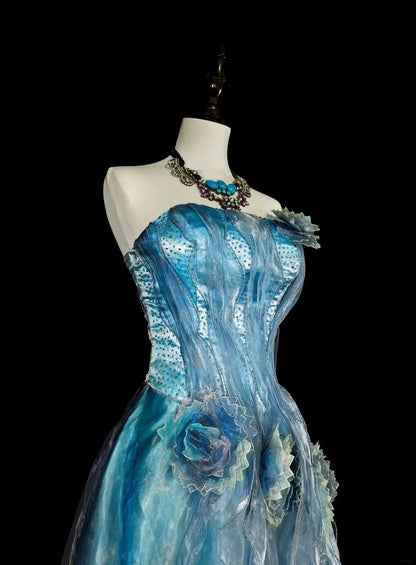 Vintage Prom Dresses Aesthetic A line Blue Tulle Beaded Classic Inspo Party Dress N2003
