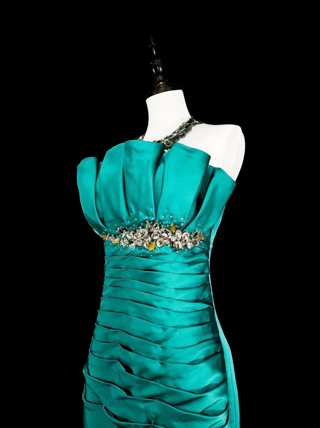 Vintage Mermaid Strapless Satin Green 70s With Pleated Beads Long Prom Gown Party Wear Dresses N1842