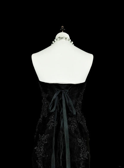 Vintage 1980s Mermaid Sweetheart Black Tulle With Appliques Sleeveless Long Prom Formal Dresses N1599