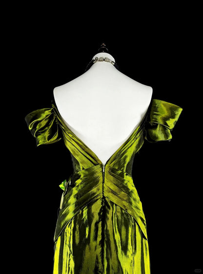 Dreamy Prom Dresses Vintage 90s Retro Off The Shoulder Olive Green Satin Long Formal Outfits N2366