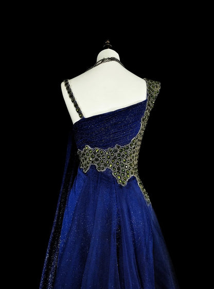 Vintage 1980s Mermaid One Shoulder Royal Blue Satin With Beaded Long Prom Formal Dresses N1607