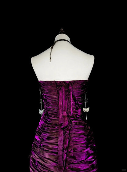 Vintage Prom Dresses Mermaid Strapless Purple Satin With Pleated 1990s Long Formal Gown N2711