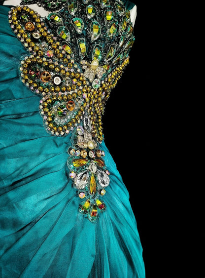 Vintage Mermaid Green 70s With Pleated Gold Beads Long Prom Gown Party Wear Dresses N1837