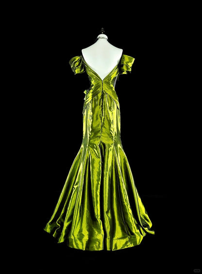 Dreamy Prom Dresses Vintage 90s Retro Off The Shoulder Olive Green Satin Long Formal Outfits N2366