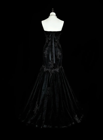 Vintage Prom Dresses Aesthetic Mermaid Sweetheart Black Tulle With Appliques Long Formal Dress N2157