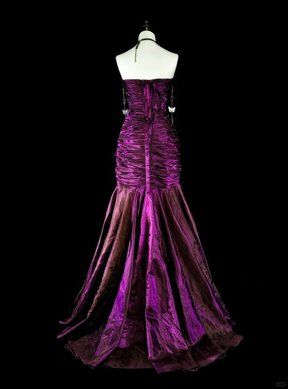 Vintage Prom Dresses Mermaid Strapless Purple Satin With Pleated 1990s Long Formal Gown N2711