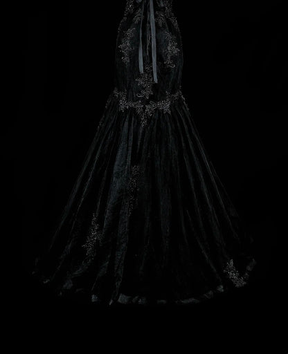Vintage 1980s Mermaid Sweetheart Black Tulle With Appliques Sleeveless Long Prom Formal Dresses N1599
