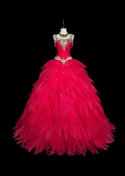 Vintage Ball Gown Square Neck Hot Pink Tulle With Layers Tiered Sweet 16 Dresses Quinceanera Dress Long 15 Vestidos De Fiesta N1436
