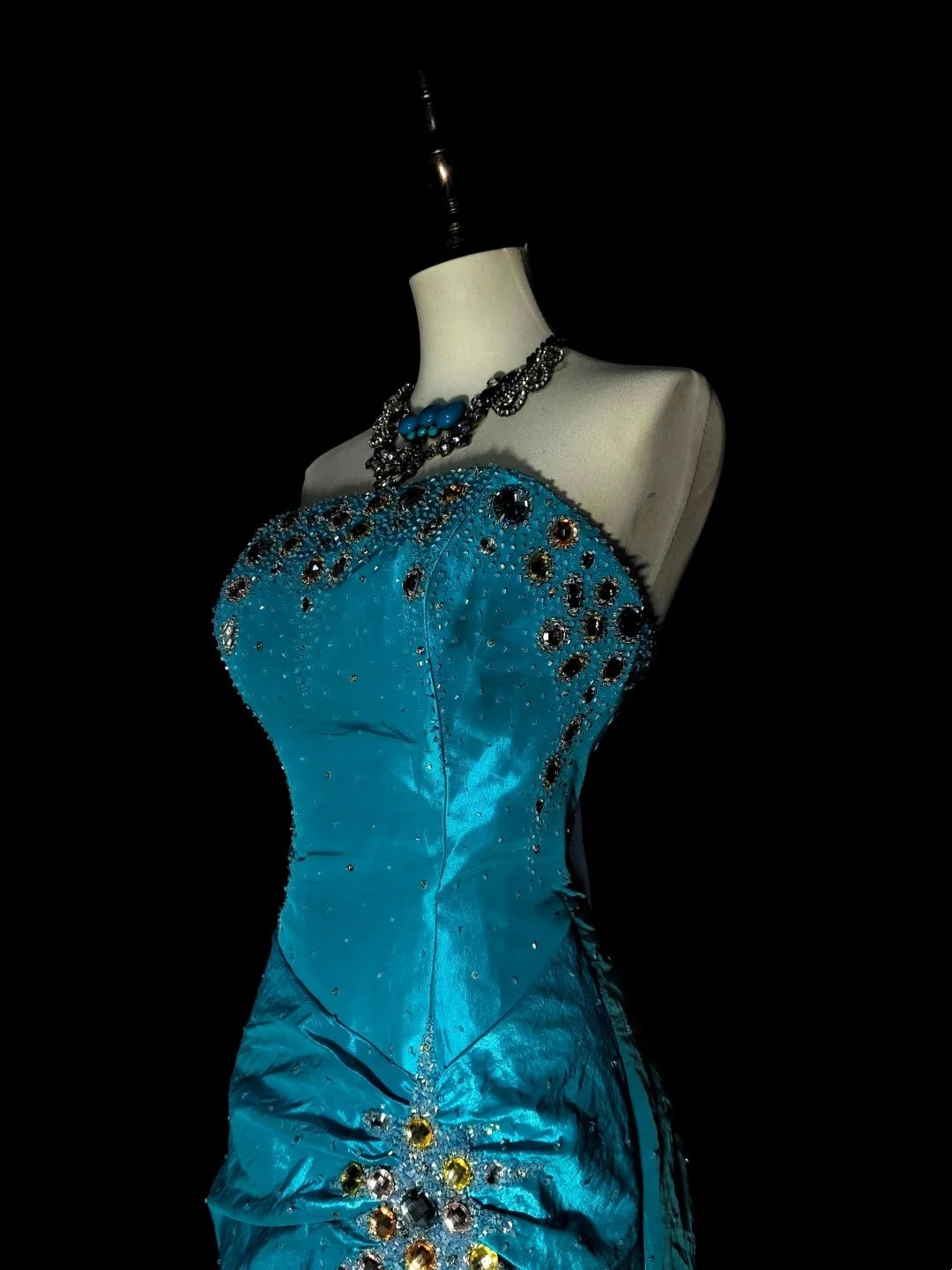Vintage Mermaid Strapless Blue 2000s With Gold Beads Prom Dresses Long Formal Party Gown N1358