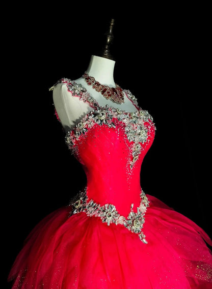 Vintage Ball Gown Square Neck Hot Pink Tulle With Layers Tiered Sweet 16 Dresses Quinceanera Dress Long 15 Vestidos De Fiesta N1436