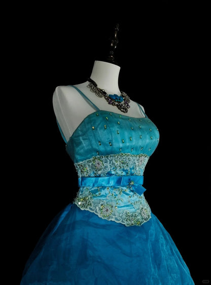 Vintage Prom Dresses Ball Gown Spaghetti Strap Blue With Beading 1980s Long Formal Gown N2701