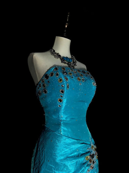 Vintage Mermaid Strapless Blue 2000s With Gold Beads Prom Dresses Long Formal Party Gown N1358
