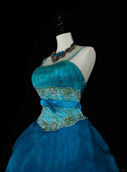 Vintage Prom Dresses Ball Gown Spaghetti Strap Blue With Beading 1980s Long Formal Gown N2701