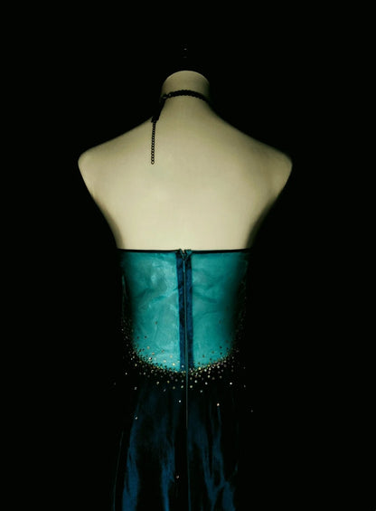 Vintage Mermaid Strapless Dark Green Satin Sleeveless 80s Sleeveless Prom Dresses Long Formal Party Gown N1438