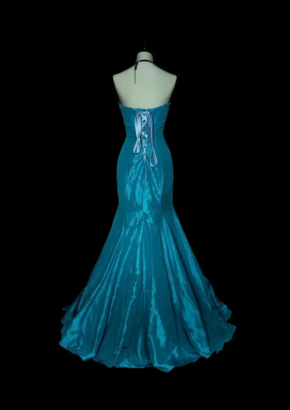 Vintage Mermaid Strapless Blue 2000s With Gold Beads Prom Dresses Long Formal Party Gown N1358