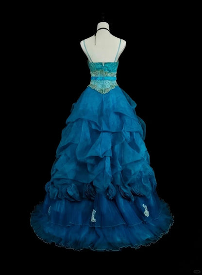 Vintage Prom Dresses Ball Gown Spaghetti Strap Blue With Beading 1980s Long Formal Gown N2701