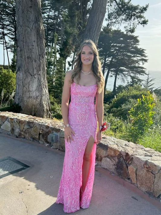 Modest Mermaid Spaghetti Strap Pink Sequin Split Prom Dresses Inspo For Teens Formal Dress Party Outfits Prom Gowns AB071