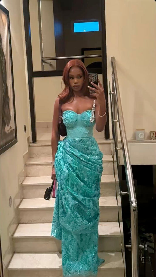 Prom Dress Inspo Mermaid Sweetheart Blue Lace With Ruched Black Women Formal Evening Gown for Graduation Party RC0188