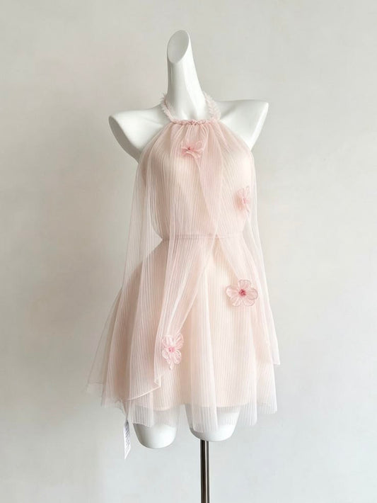 Cute A Line Halter Birthday Dress Pink Tulle Homecoming Dress Short Party Dress RB8175