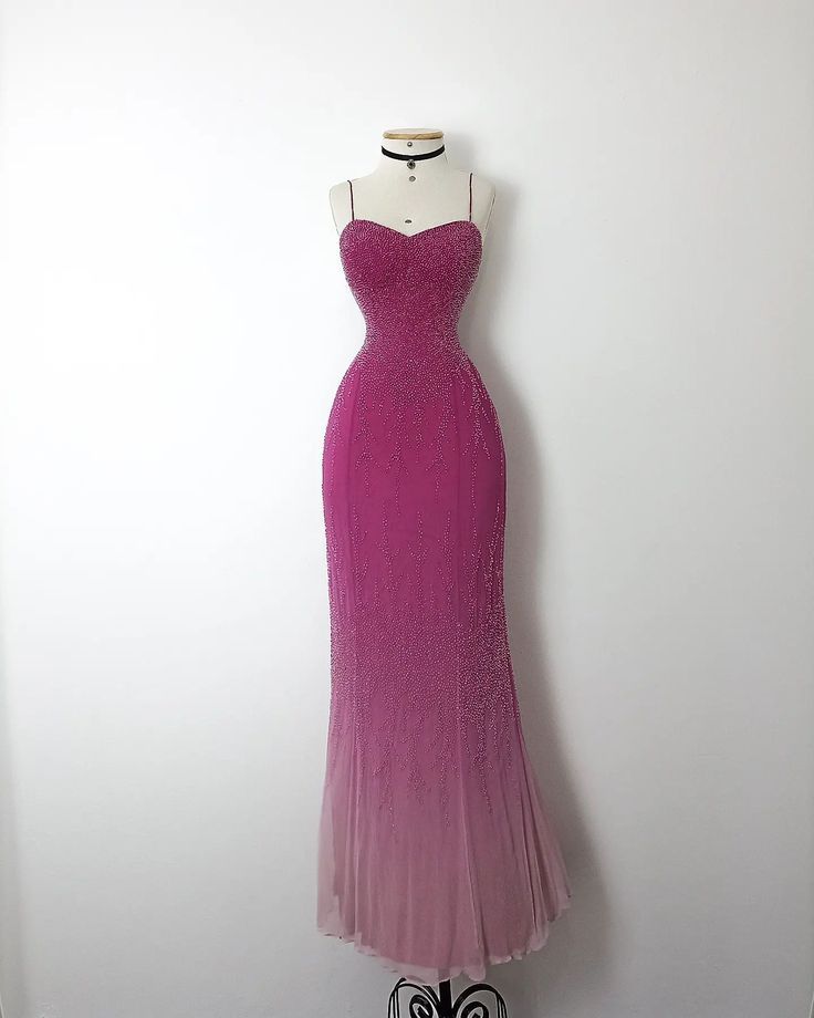 Sparkle Mermaid Spaghetti Strap Hot Pink Sequins With Beads Long Prom Dresses Formal Gown Inspo Evening Outfit AB785