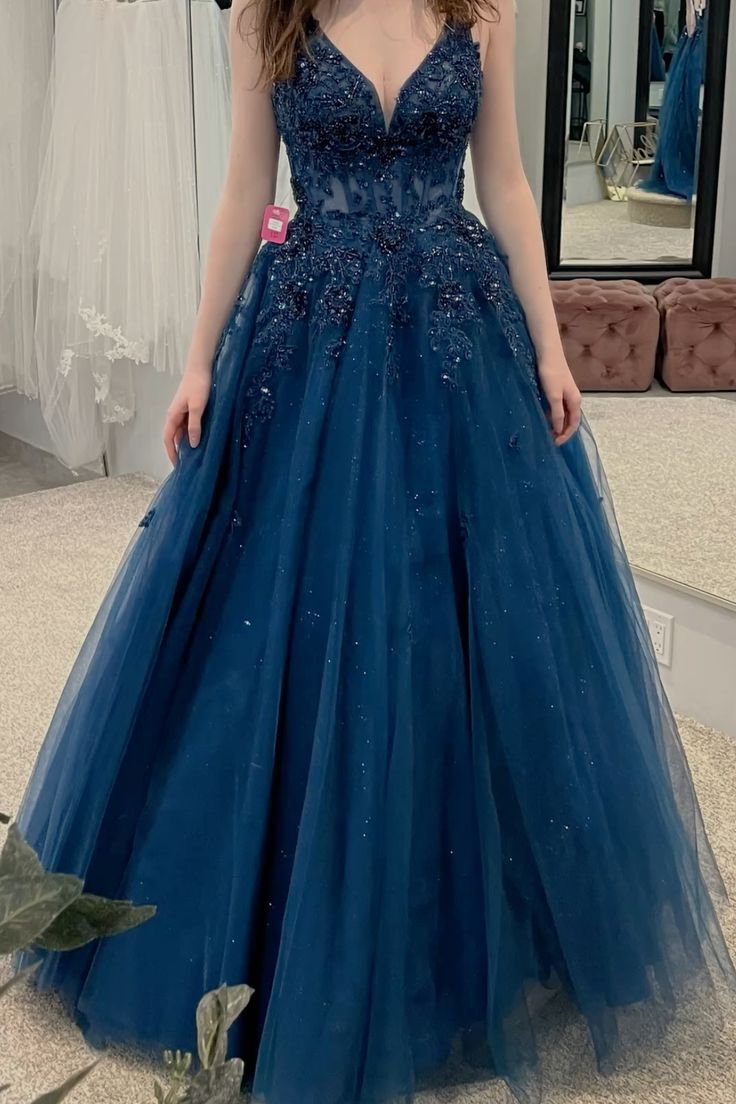 Classy Ball Gown Navy Blue V Neck Lace Tulle Prom Dress Aesthetic For Teens Formal Dresses Party Outfits Prom Gown AB1118