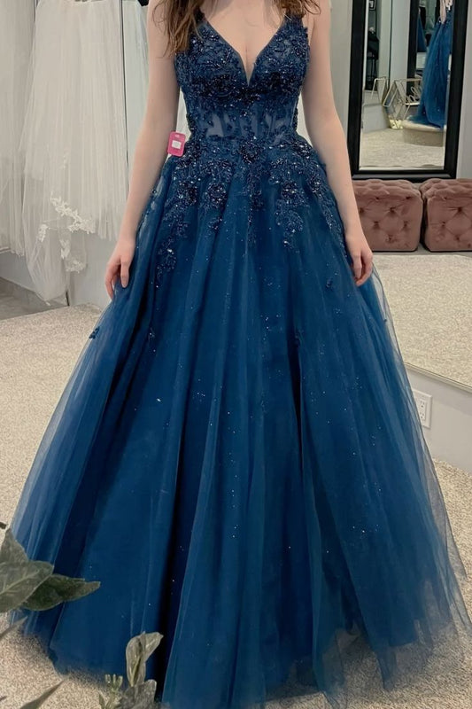 Classy Ball Gown Navy Blue V Neck Lace Tulle Prom Dress Aesthetic For Teens Formal Dresses Party Outfits Prom Gown AB1118
