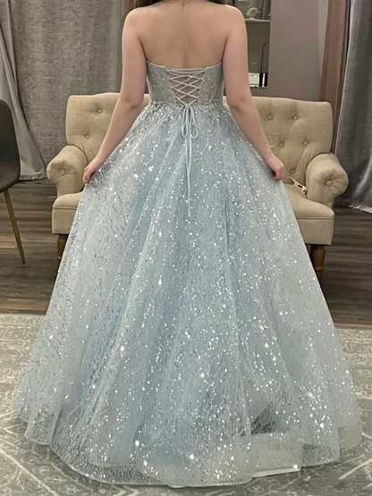 Sparkly Ball Gown Sweetheart Sequin Light Sky Blue Prom Dresses Inspiration Prom Dress Princess Graduation Dress B301