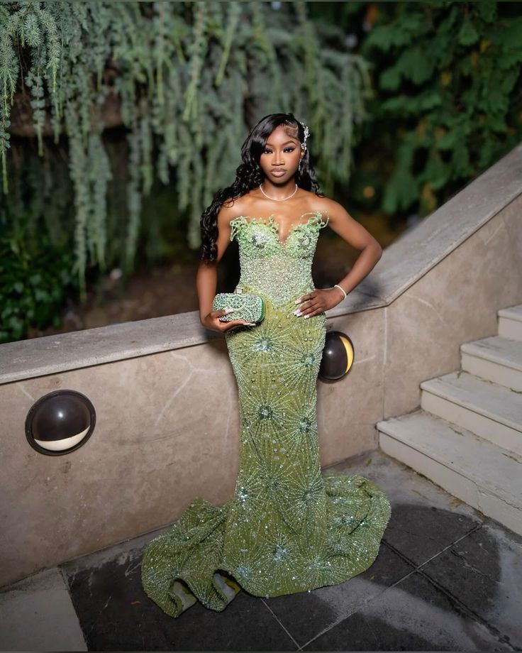 Green Mermaid Long Evening Gown Shinny Prom Dress Inspiration Party Gowns Princess Formal Dress N779