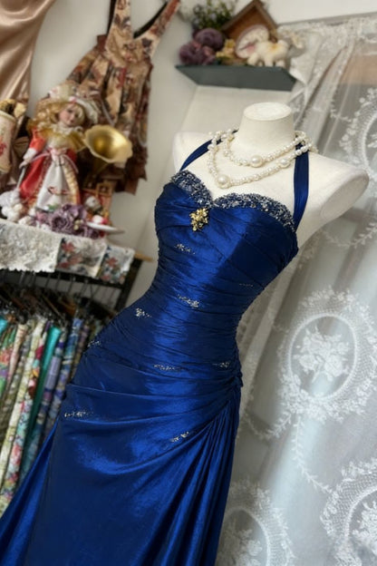 Vintage Halter Sheath Long Prom Dresses Beaded Satin Blue Evening Dresses Sleeveless Birthday Dresses N783