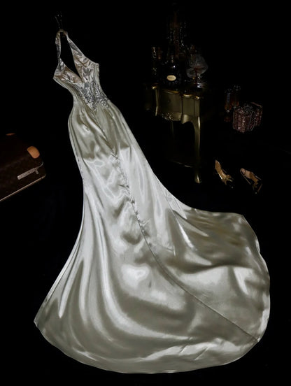 Glamorous Mermaid V Neck Gray Satin School Dances With Beading Prom Dresses 8th Grade Formal Outfits Evening Dress RB8414