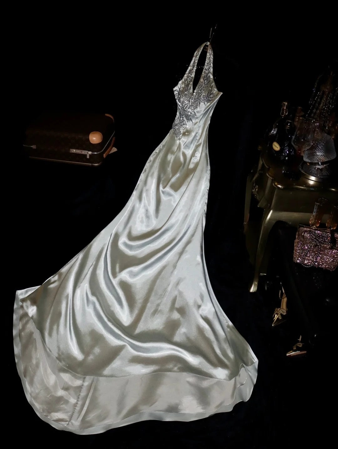 Glamorous Mermaid V Neck Gray Satin School Dances With Beading Prom Dresses 8th Grade Formal Outfits Evening Dress RB8414