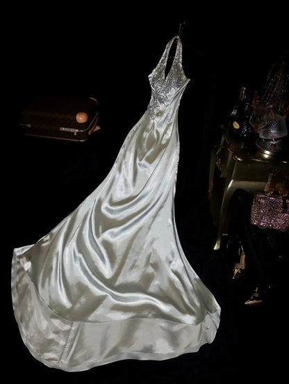 Glamorous Mermaid V Neck Gray Satin School Dances With Beading Prom Dresses 8th Grade Formal Outfits Evening Dress RB8414
