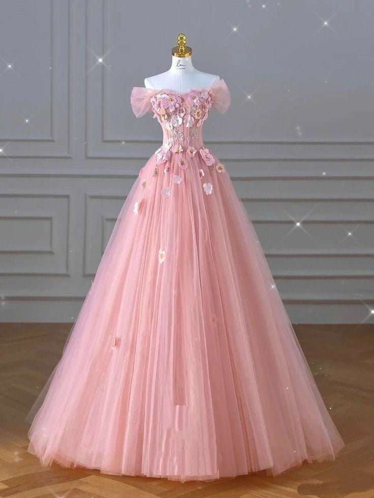 Tulle Prom Dress Long Ball Gown Off Shoulder Light Pink Formal Graduation Gown RB9493