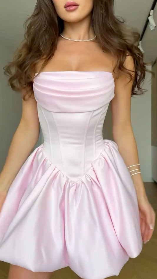 Simple Ball Gown Strapless Pink Sleeveless Mini Senior Inspo Short Homecoming Dresses N4739