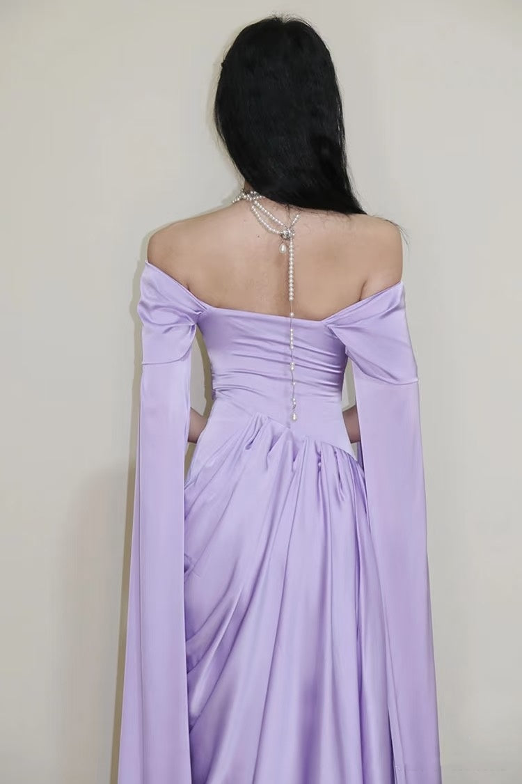 Modest Prom Dresses Aesthetic Sheath Off The Shoulder Lilac Inspiration Style Impress With Sleeves Cape Long Party Formal Gown SA094
