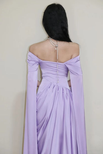 Modest Prom Dresses Aesthetic Sheath Off The Shoulder Lilac Inspiration Style Impress With Sleeves Cape Long Party Formal Gown SA094