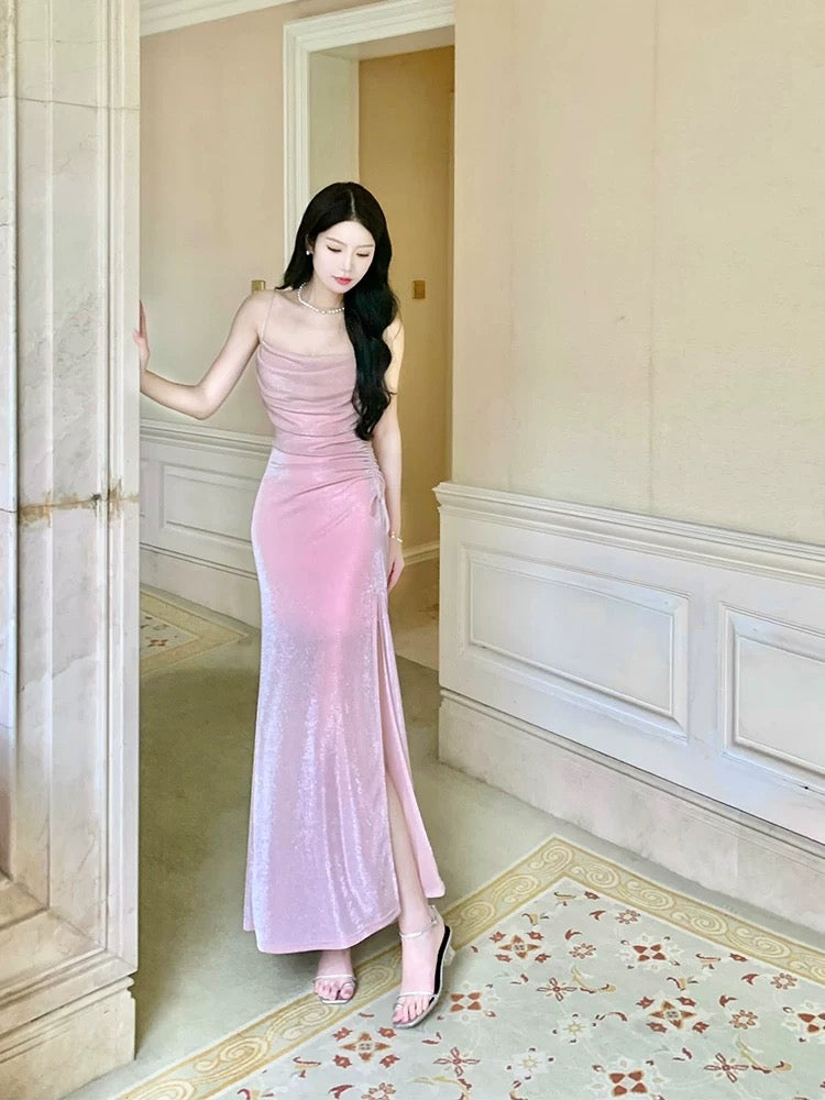 Modest Mermaid Spaghetti Strap Pink Sequin Evening Dresses Slit High School Teens Senior Night Dance Prom Outfits N016