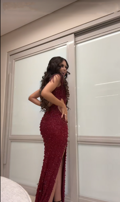 Gorgeous Mermaid V Neck Burgundy Sequins Beaded Bodice Prom Dresses Long Formal Party Gown AB355