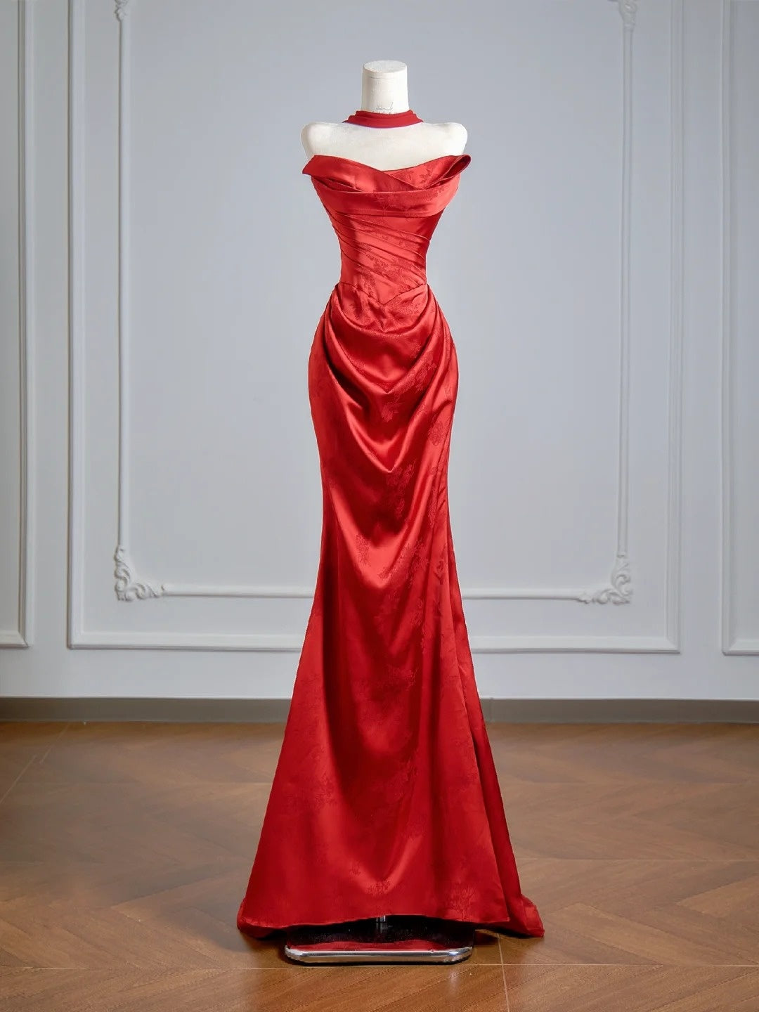 Flattering Mermaid Strapless Red Satin With Scarf Prom Dresses Long Evening Formal Birthday Party Gowns N383