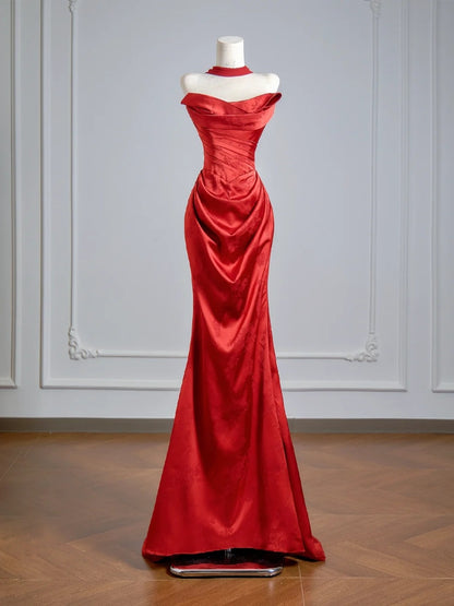 Flattering Mermaid Strapless Red Satin With Scarf Prom Dresses Long Evening Formal Birthday Party Gowns N383