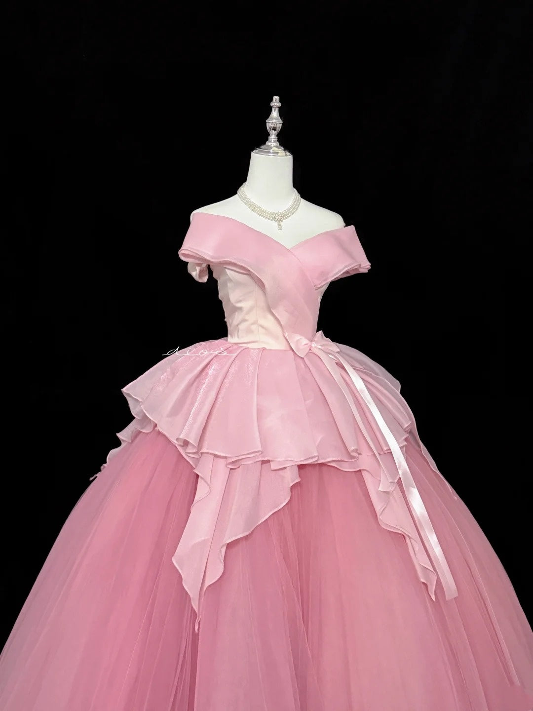 Tulle Prom Dress Long Floor Length Ball Gown Off Shoulder Pink With Sleeves Formal Evening Gown For Women RC0278